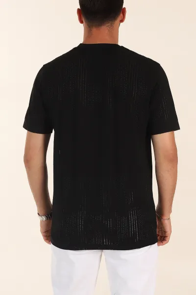 Siyah Relaxed Fit Delikli Tasarım Yazı Detay Erkek Tişört 373075