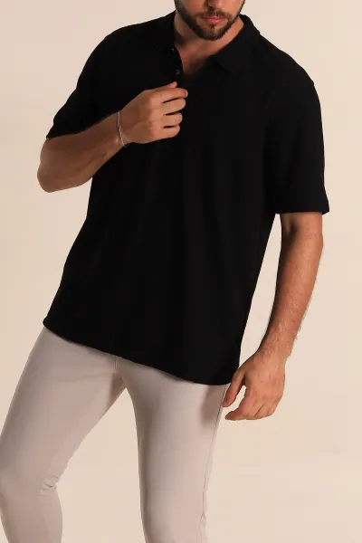 Siyah Relaxed Fit Desenli Polo Yaka Erkek Tişört 279205