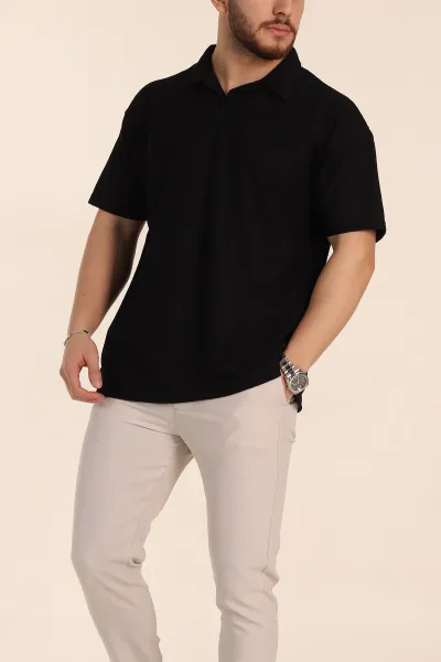Siyah Relaxed Fit Dokulu Basic Polo Yaka Erkek Tişört 351994