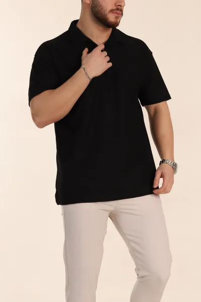 Siyah Relaxed Fit Dokulu Basic Polo Yaka Erkek Tişört 351994