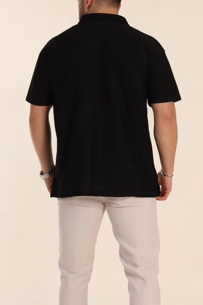 Siyah Relaxed Fit Dokulu Basic Polo Yaka Erkek Tişört 351994