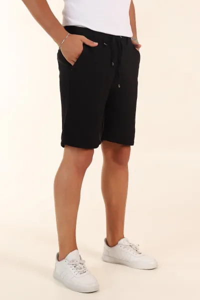 Siyah Relaxed Fit Dokulu Bel Lastikli Erkek Şort 380982