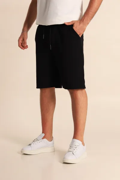 Siyah Relaxed Fit Dokulu Belden Bağlamalı Erkek Şort 278905