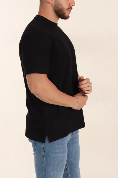 Siyah Relaxed Fit Dokulu Erkek Tişört 358013