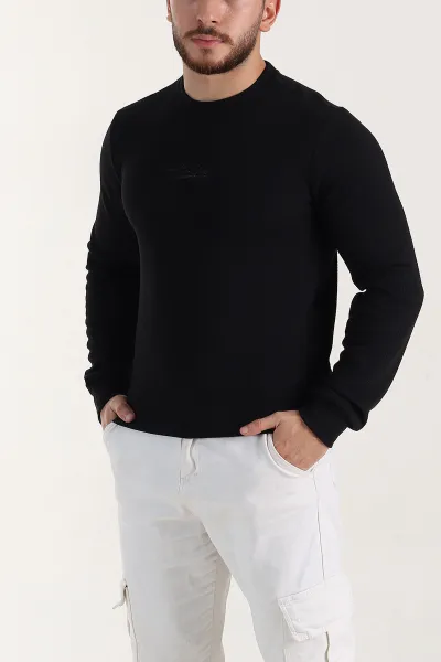 Siyah Relaxed Fit Dokulu Kabartma Yazı Detaylı Erkek Sweatshirt 398547