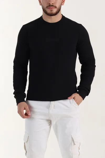 Siyah Relaxed Fit Dokulu Kabartma Yazı Detaylı Erkek Sweatshirt 398547