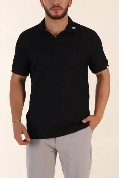 Siyah Relaxed Fit Dokulu Patlı Polo Yaka Erkek Tişört 370265