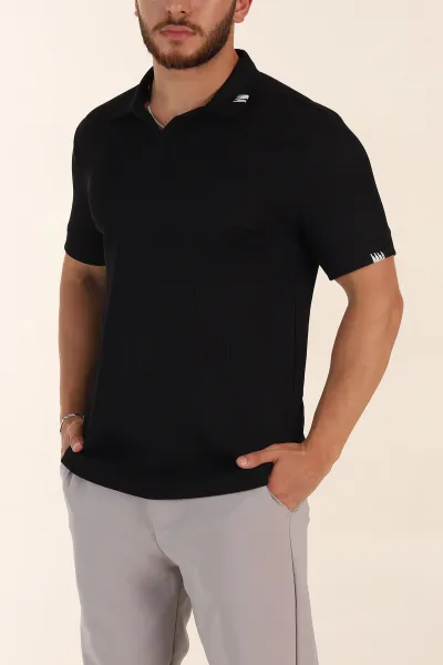 Siyah Relaxed Fit Dokulu Patlı Polo Yaka Erkek Tişört 370265