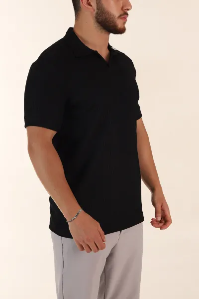 Siyah Relaxed Fit Dokulu Patlı Polo Yaka Erkek Tişört 370265
