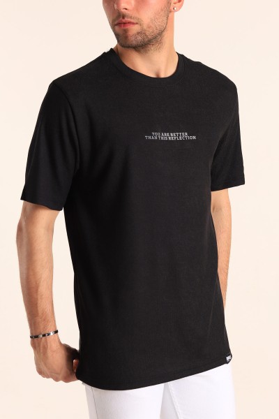 Siyah Relaxed Fit Dokulu Slogan Baskılı Erkek Tişört 186768