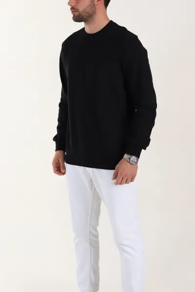 Siyah Relaxed Fit Double Face Bisiklet Yaka Basic Erkek Sweatshirt 398109
