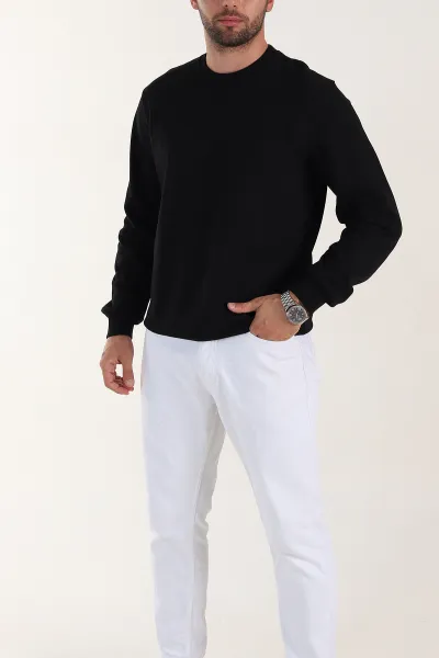 Siyah Relaxed Fit Double Face Bisiklet Yaka Basic Erkek Sweatshirt 398109