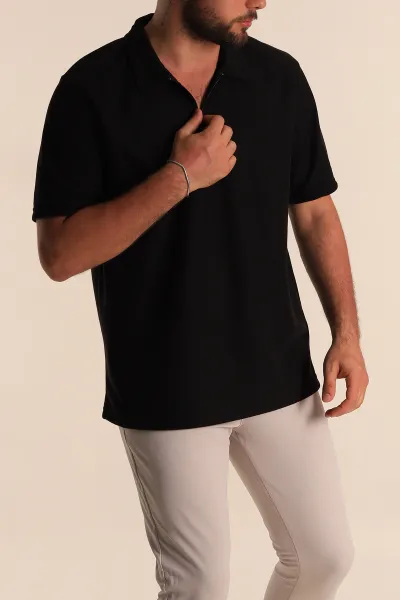 Siyah Relaxed Fit Fermuarlı Polo Yaka Erkek Tişört 279199