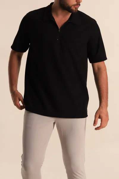 Siyah Relaxed Fit Fermuarlı Polo Yaka Erkek Tişört 279199