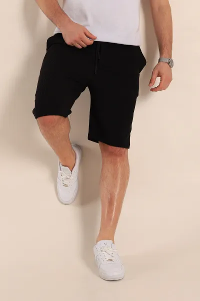 Siyah Relaxed Fit Fitilli Doku Bel Lastikli Erkek Şort 272828