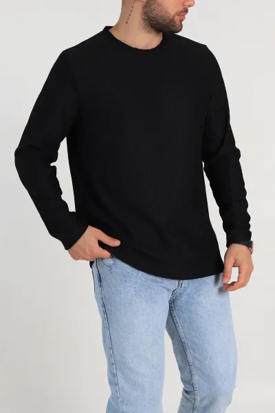 Siyah Relaxed Fit Fitilli Doku Bisiklet Yaka Erkek Sweatshirt 314141