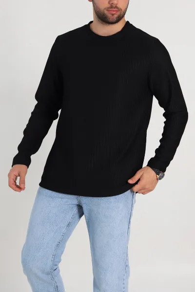 Siyah Relaxed Fit Fitilli Doku Bisiklet Yaka Erkek Sweatshirt 314141