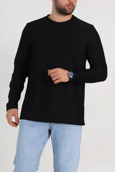 Siyah Relaxed Fit Fitilli Doku Bisiklet Yaka Erkek Sweatshirt 314141