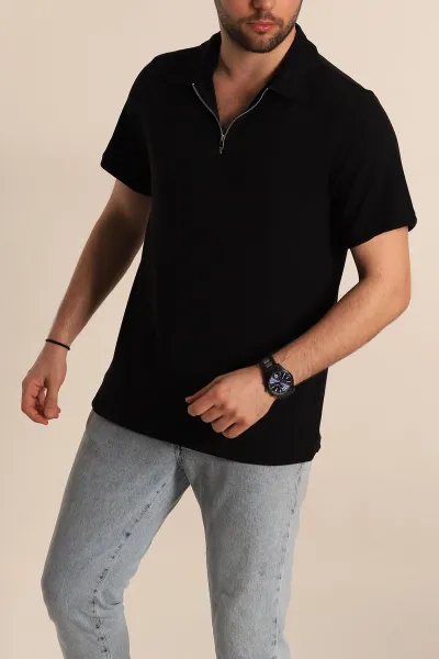 Siyah Relaxed Fit Fitilli Doku Fermuarlı Polo Yaka Erkek Tişört 268309