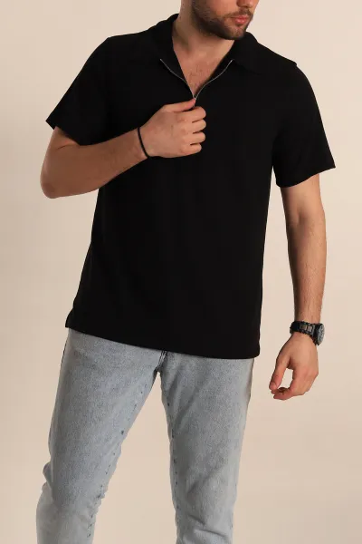 Siyah Relaxed Fit Fitilli Doku Fermuarlı Polo Yaka Erkek Tişört 268309
