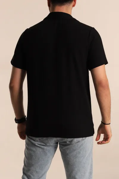 Siyah Relaxed Fit Fitilli Doku Fermuarlı Polo Yaka Erkek Tişört 268309