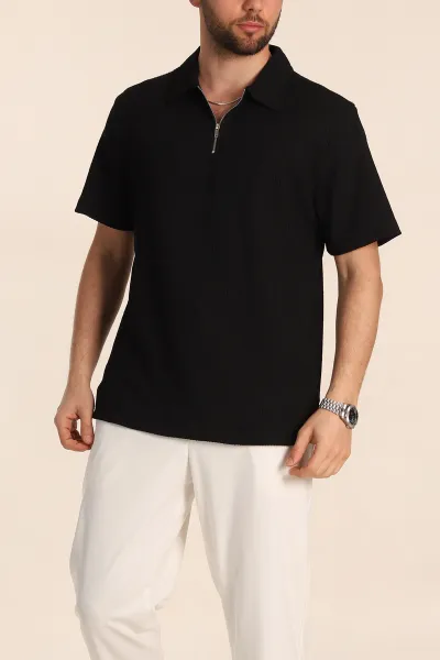 Siyah Relaxed Fit Fitilli Doku Fermuarlı Polo Yaka Erkek Tişört 347557
