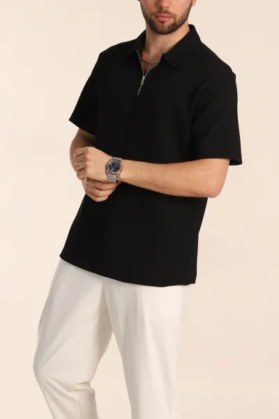 Siyah Relaxed Fit Fitilli Doku Fermuarlı Polo Yaka Erkek Tişört 347557