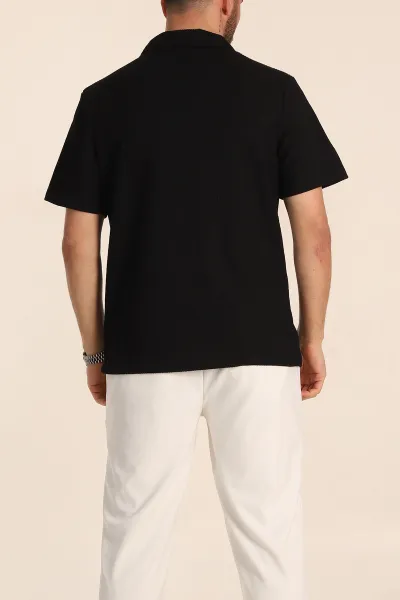 Siyah Relaxed Fit Fitilli Doku Fermuarlı Polo Yaka Erkek Tişört 347557