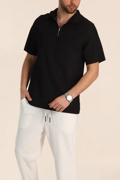 Siyah Relaxed Fit Fitilli Doku Fermuarlı Polo Yaka Erkek Tişört 348146