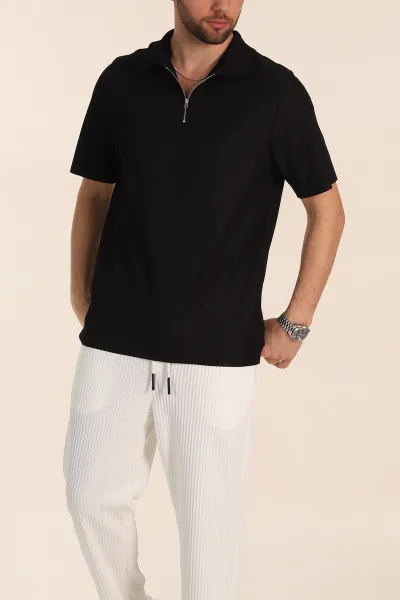 Siyah Relaxed Fit Fitilli Doku Fermuarlı Polo Yaka Erkek Tişört 348146