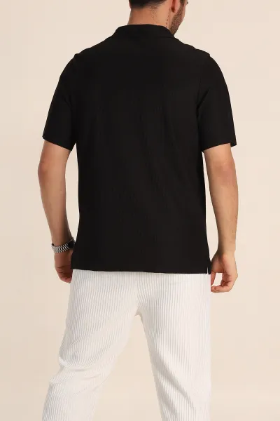 Siyah Relaxed Fit Fitilli Doku Fermuarlı Polo Yaka Erkek Tişört 348146
