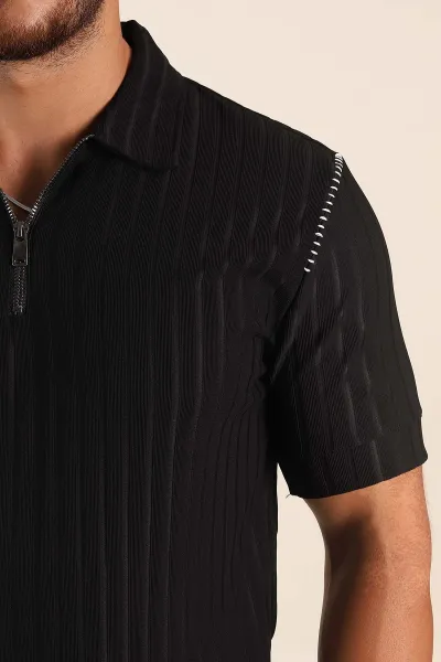 Siyah Relaxed Fit Fitilli Doku Fermuarlı Polo Yaka Erkek Tişört 373051