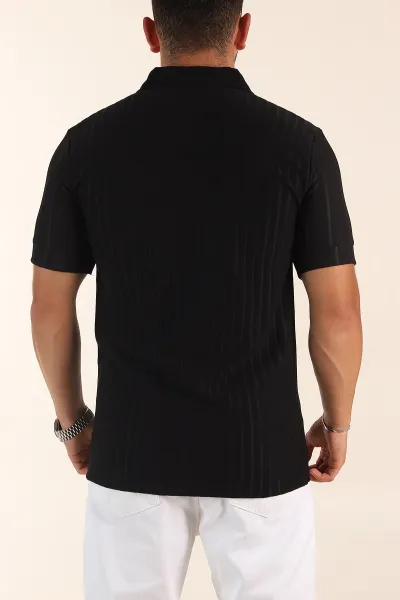 Siyah Relaxed Fit Fitilli Doku Fermuarlı Polo Yaka Erkek Tişört 373051