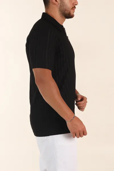 Siyah Relaxed Fit Fitilli Doku Fermuarlı Polo Yaka Erkek Tişört 373051