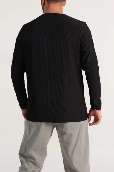 Siyah Relaxed Fit Fitilli Doku Geniş Yaka Erkek Sweatshirt 300052