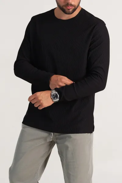 Siyah Relaxed Fit Fitilli Doku Geniş Yaka Erkek Sweatshirt 300052