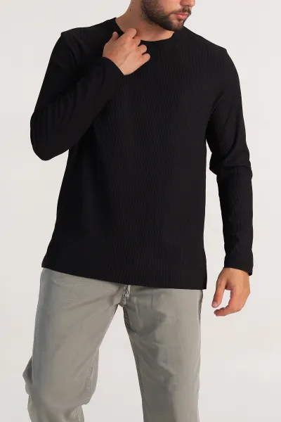 Siyah Relaxed Fit Fitilli Doku Geniş Yaka Erkek Sweatshirt 300052