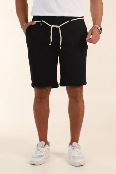Siyah Relaxed Fit Fitilli Doku Likralı Erkek Şort 380974