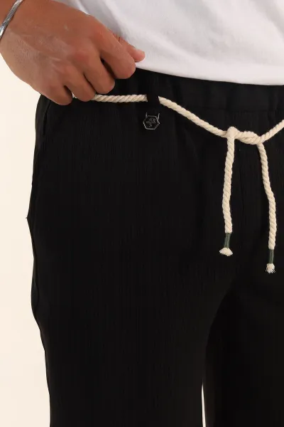 Siyah Relaxed Fit Fitilli Doku Likralı Erkek Şort 380974