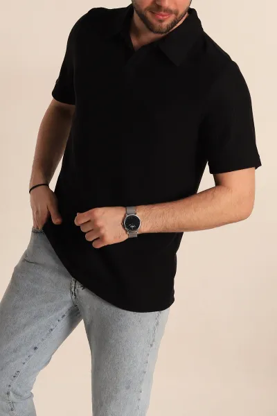 Siyah Relaxed Fit Fitilli Doku Polo Yaka Erkek Tişört 268862