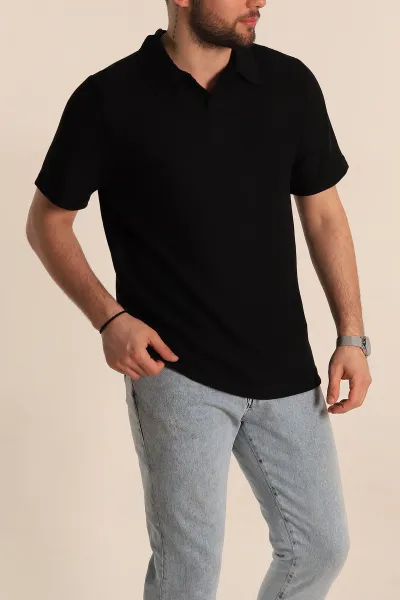 Siyah Relaxed Fit Fitilli Doku Polo Yaka Erkek Tişört 268862