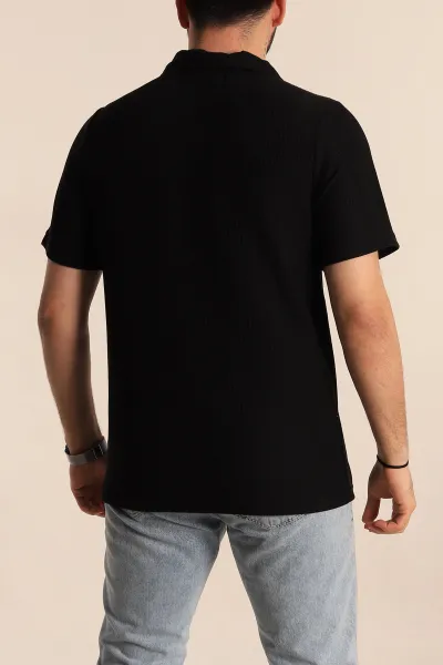 Siyah Relaxed Fit Fitilli Doku Polo Yaka Erkek Tişört 268862