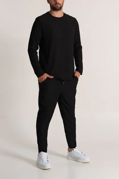Siyah Relaxed Fit Fitilli Dokulu Erkek Eşofman Takımı 300070