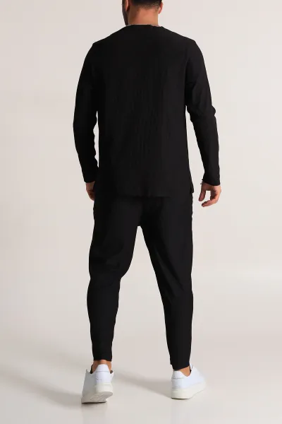 Siyah Relaxed Fit Fitilli Dokulu Erkek Eşofman Takımı 300070