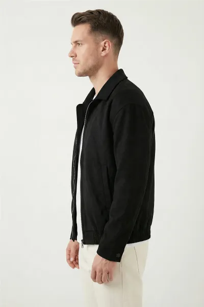 Siyah Relaxed Fit Fitilli Dokulu İçi Astarlı Bel Lastikli Erkek Ceket 418934