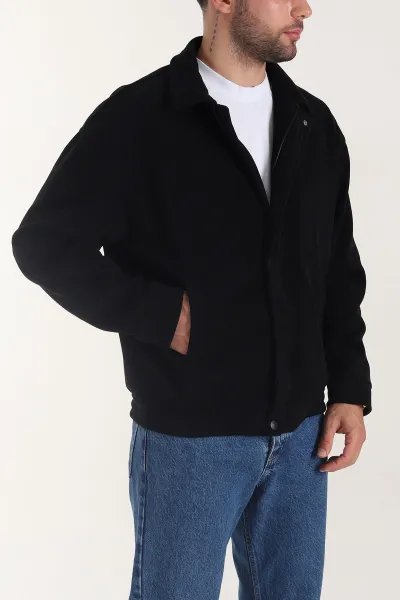 Siyah Relaxed Fit Fitilli Dokulu İçi Astarlı Erkek Mont 400058