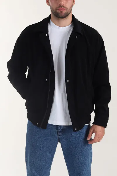 Siyah Relaxed Fit Fitilli Dokulu İçi Astarlı Erkek Mont 400058