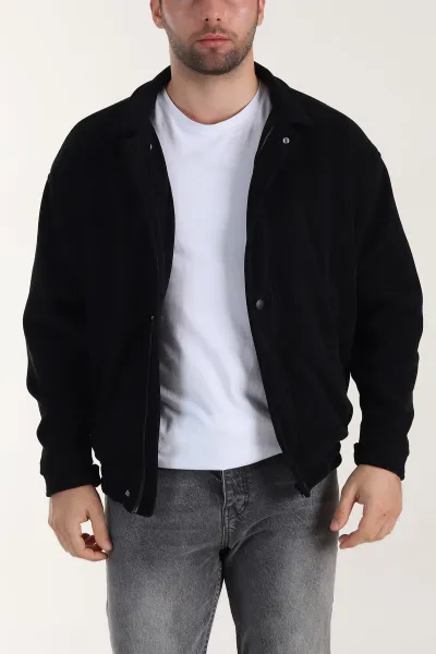 Siyah Relaxed Fit Fitilli Dokulu İçi Astarlı Erkek Mont 409636