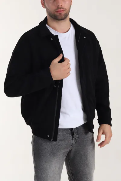 Siyah Relaxed Fit Fitilli Dokulu İçi Astarlı Erkek Mont 409636