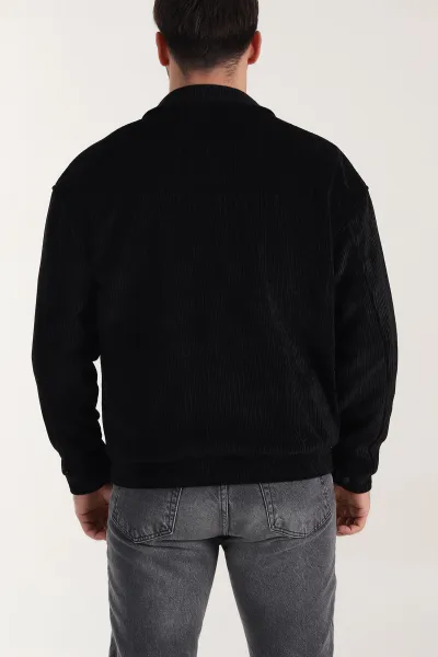 Siyah Relaxed Fit Fitilli Dokulu İçi Astarlı Erkek Mont 409641